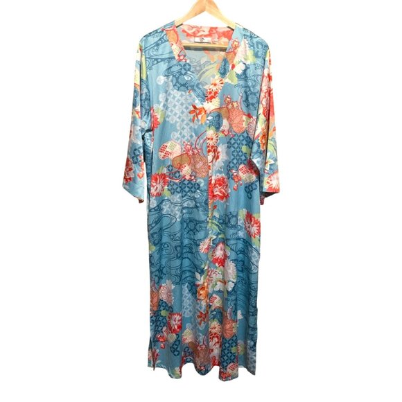 Natori Women's Kaftan Floral Kimono Vibrant Blue Multicolor Sz Large Boho Lounge - Picture 2 of 13